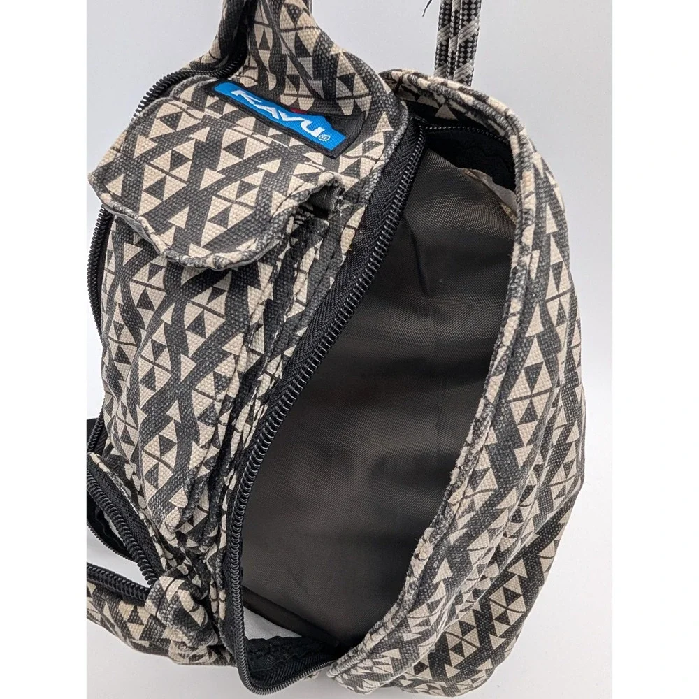 KAVU Rope Bag Geometric Triangle Print Canvas Sling Backpack Black Tan